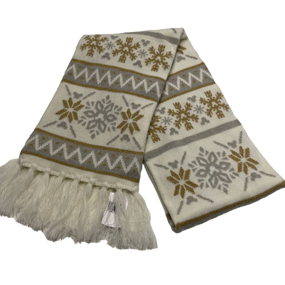 Disney Parks Winter Magic Silver and Gold Scarf OS Glitter Snowflakes Fringe NWT